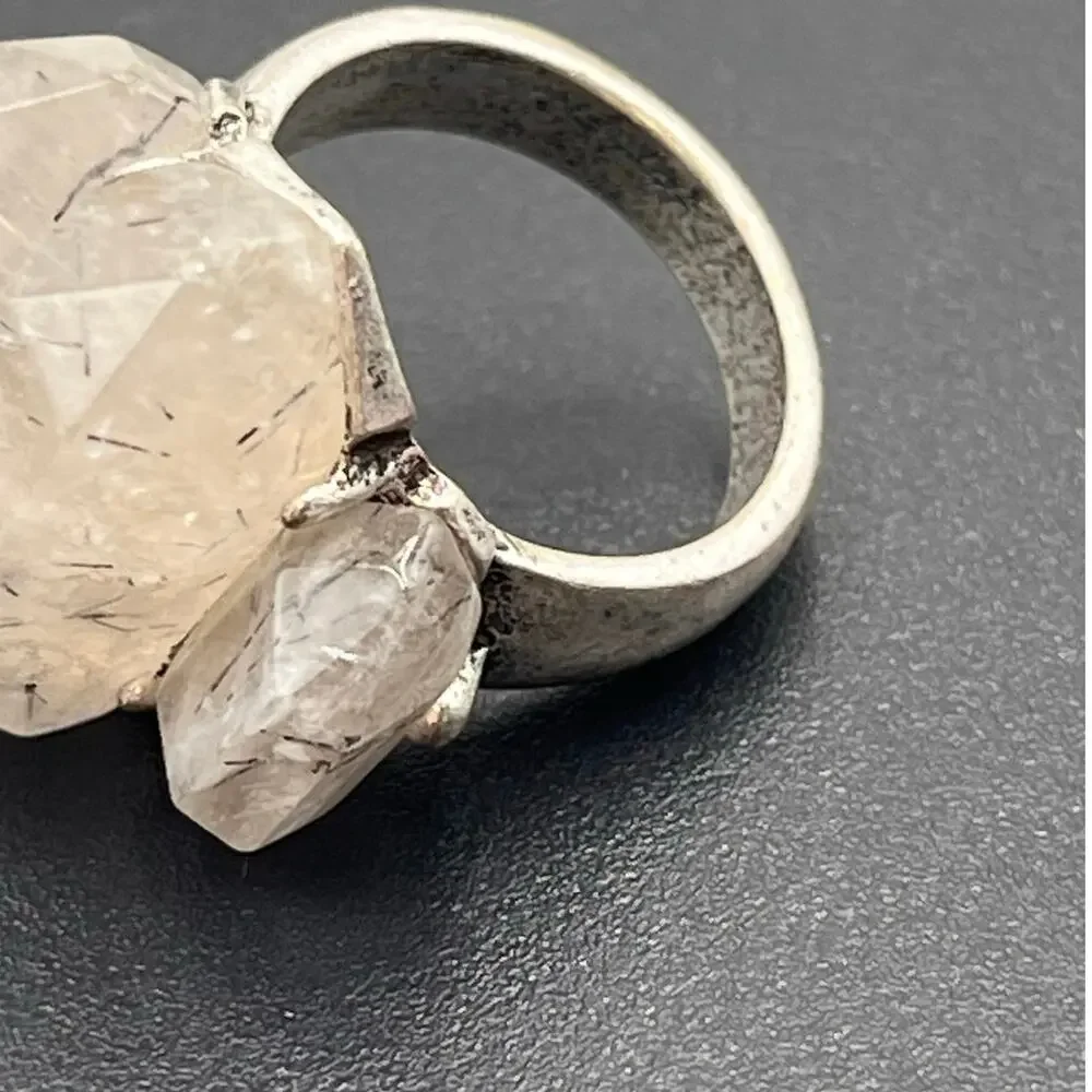 Artisan Handmade Silver Rutilated Or Tourmalinated Quartz Stone Ring‎ Sz 7 1/4